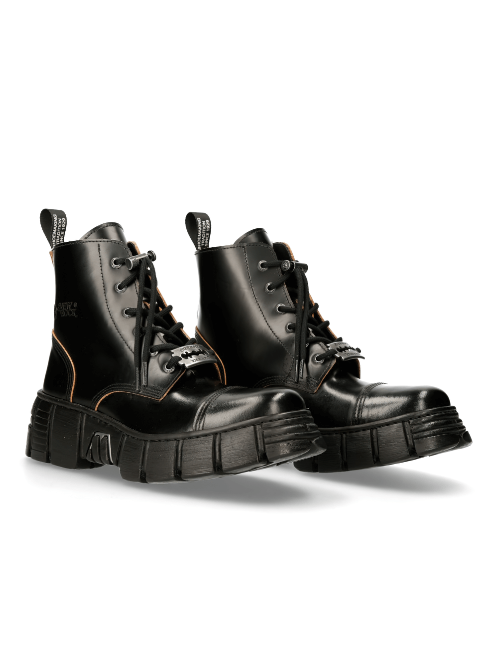 NEW ROCK Men's Rugged Black Leather Lace-Up Ankle Boots