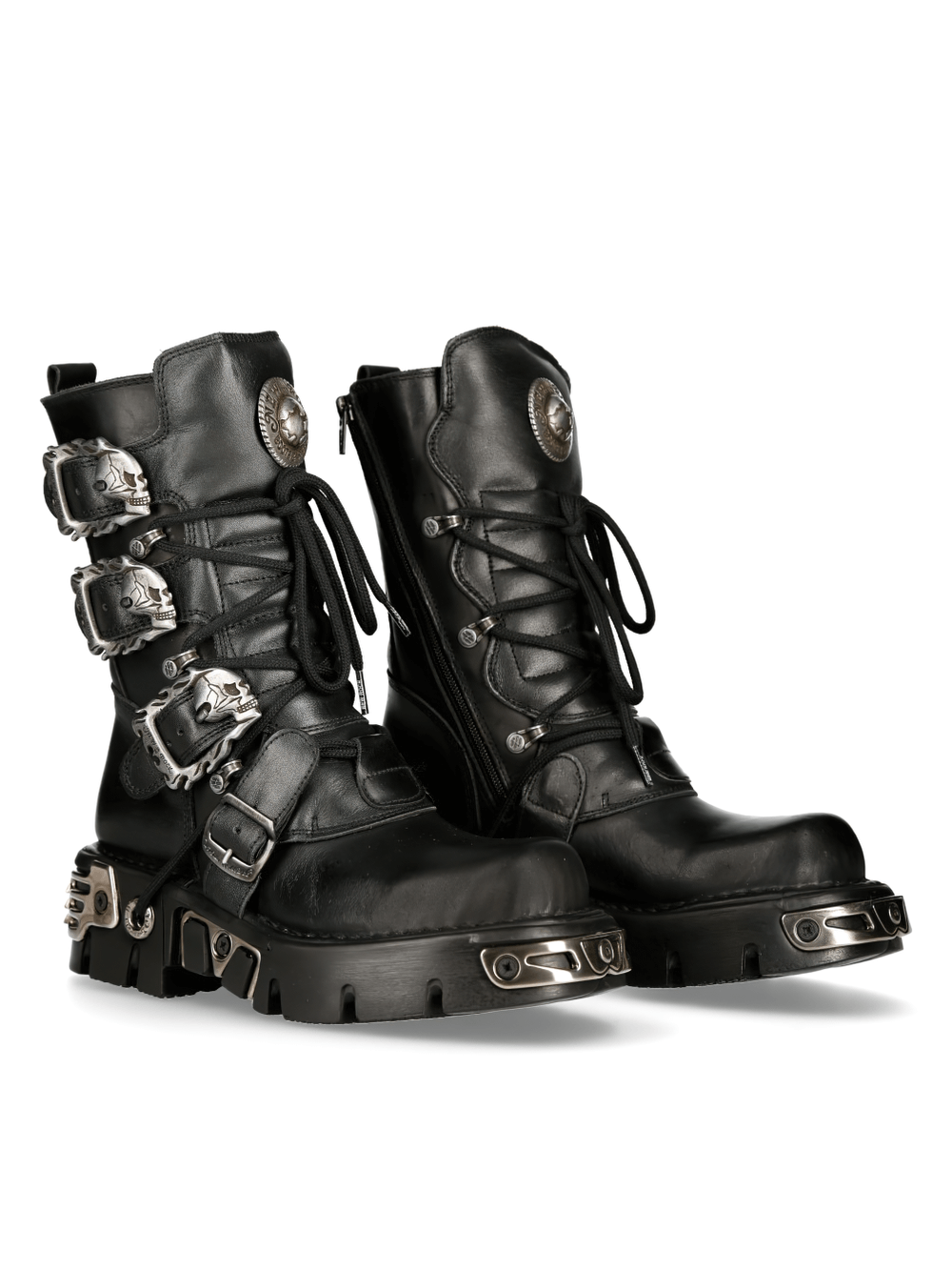NEW ROCK Men's Rugged Black Reactor Buckle-Laced Boots