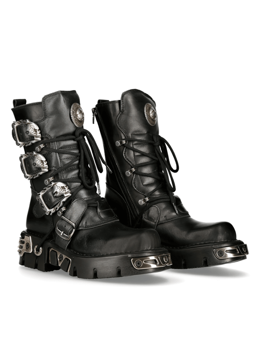 NEW ROCK Men's Rugged Black Reactor Buckle-Laced Boots