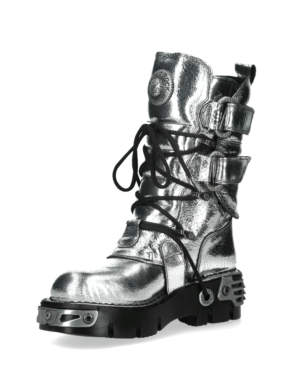 NEW ROCK Men's Silver Gothic Boots with Buckles and Lace-Up
