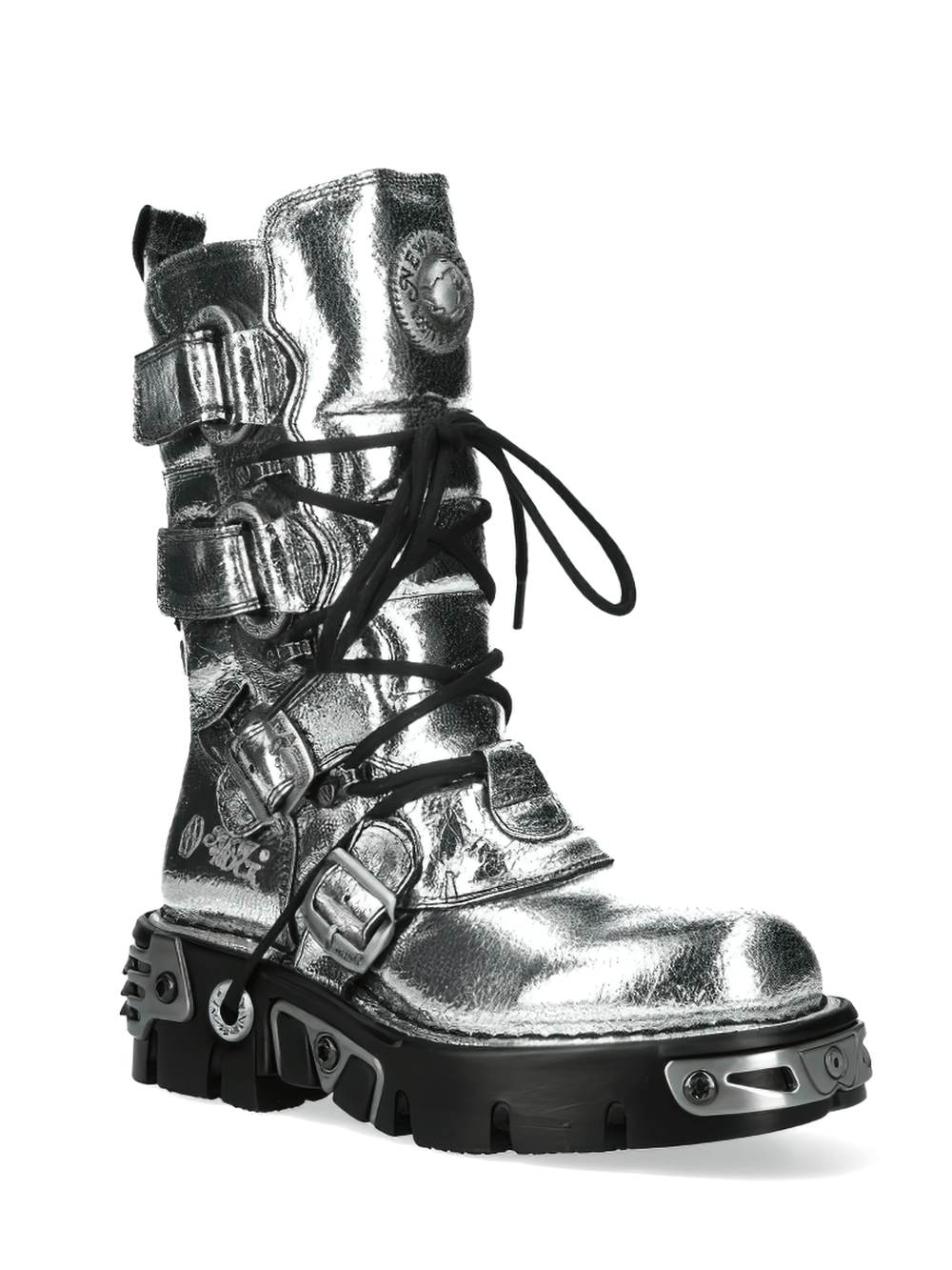 NEW ROCK Men's Silver Gothic Boots with Buckles and Lace-Up