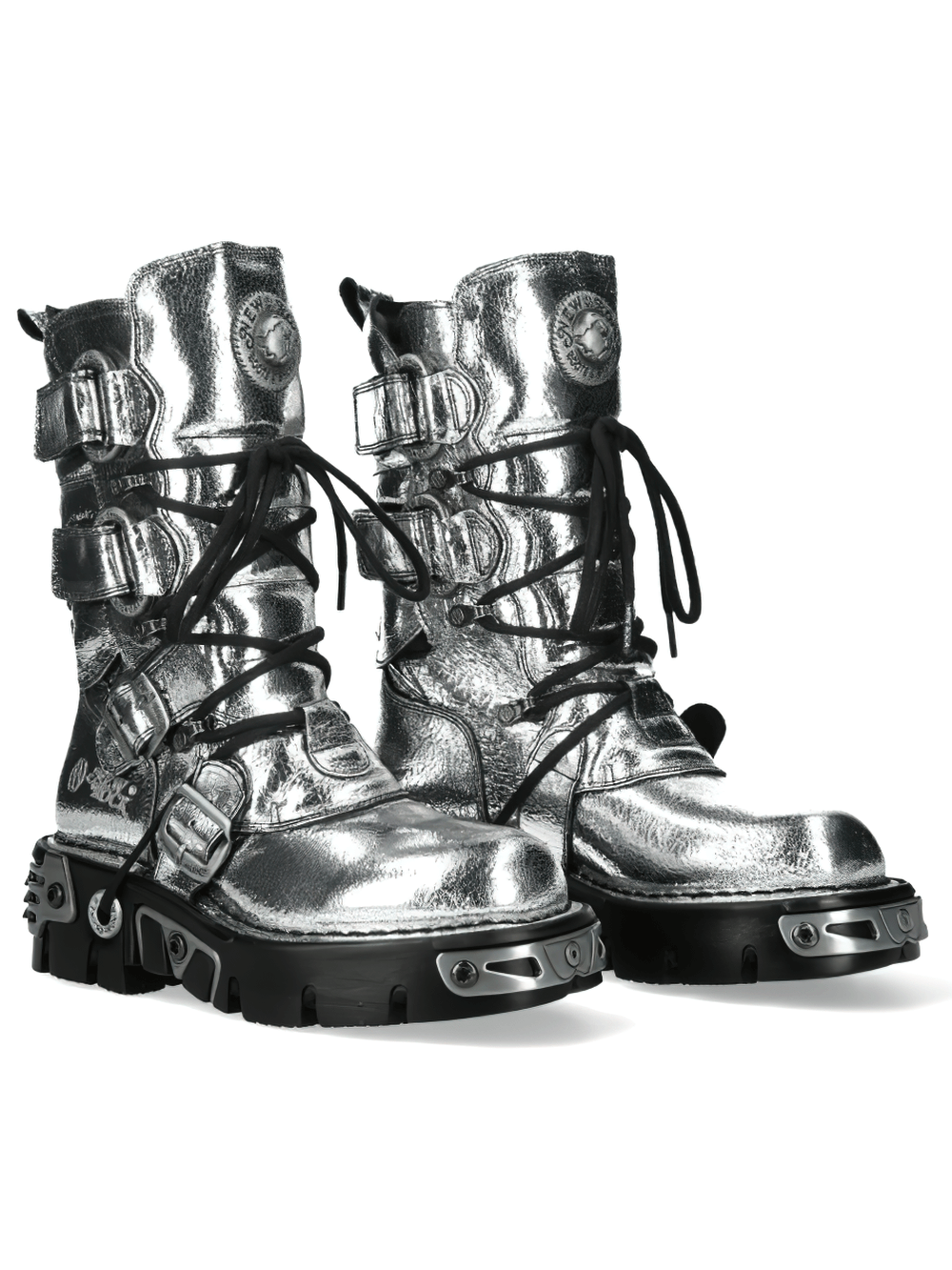 NEW ROCK Men's Silver Gothic Boots with Buckles and Lace-Up