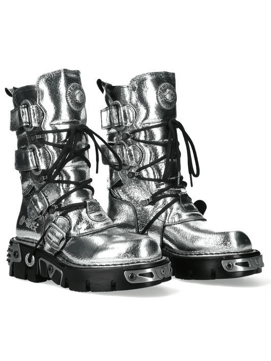 NEW ROCK Men's Silver Gothic Boots with Buckles and Lace-Up