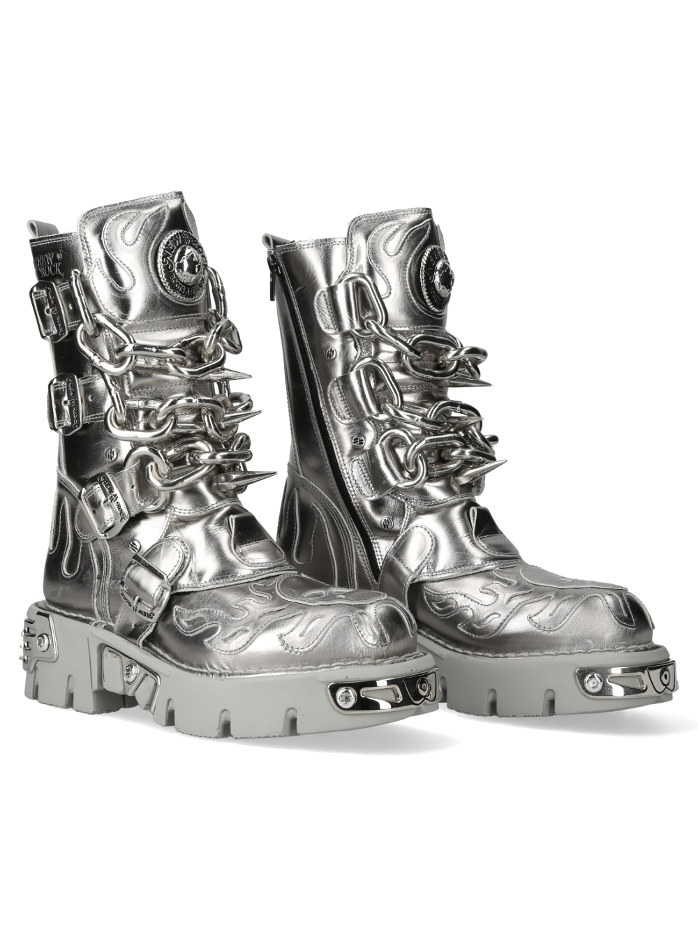 NEW ROCK Men's Silver Metallic Chain Boots for Punk Fashion