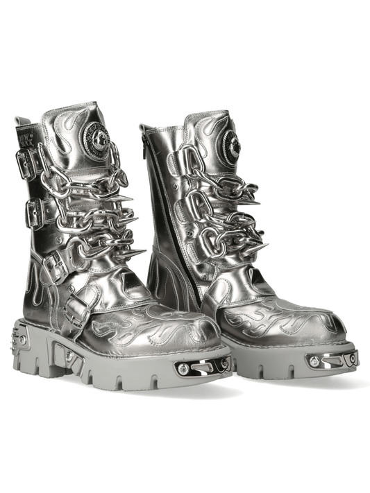 NEW ROCK Men's Silver Metallic Chain Boots for Punk Fashion