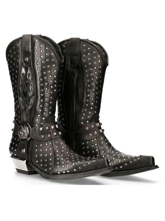 NEW ROCK Men's Silver Studded Leather Western Style Boots