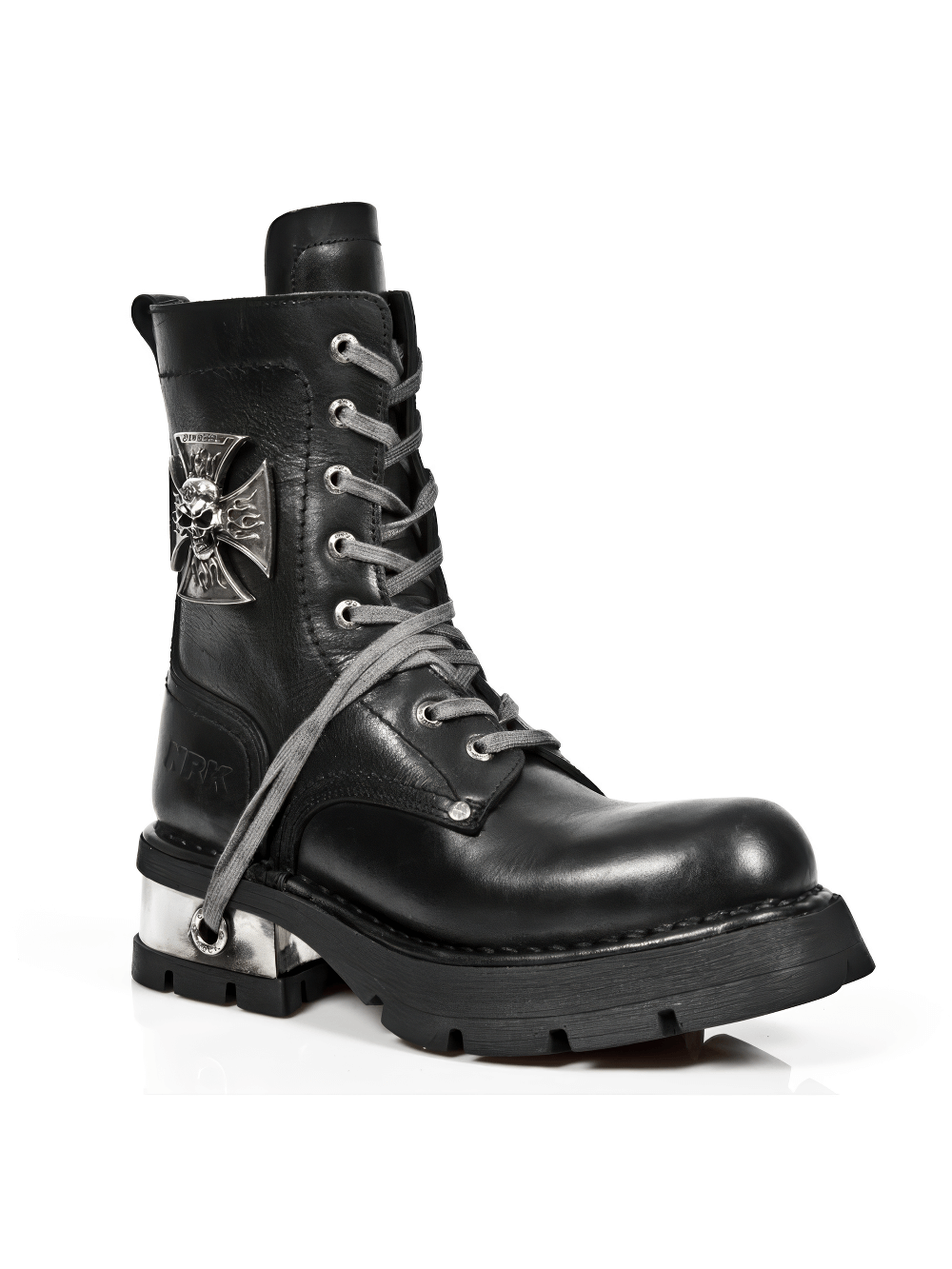 NEW ROCK Men's Metal Skull Lace-Up Leather Ankle Boot