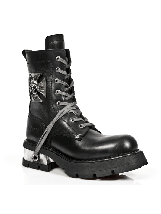 NEW ROCK Men's Metal Skull Lace-Up Leather Ankle Boot