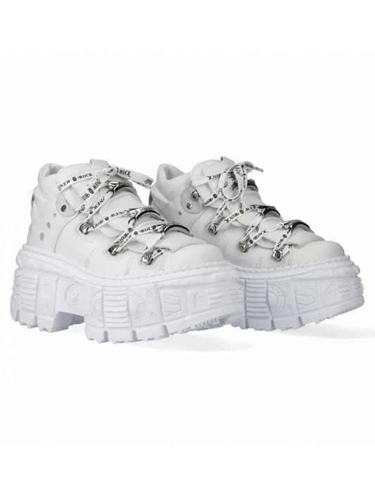 NEW ROCK Men's White Leather Chunky Lace-Up Ankle Boots