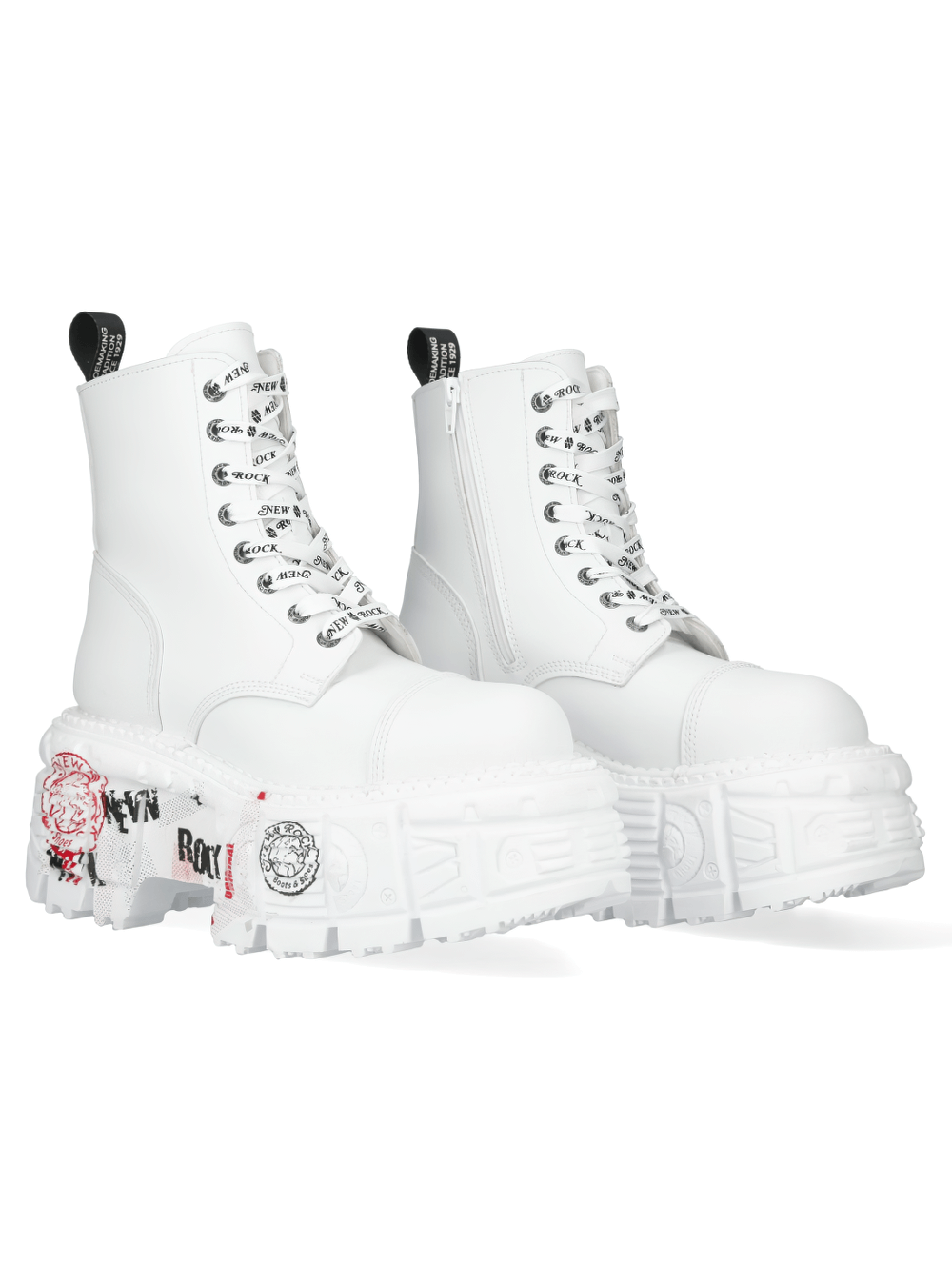 NEW ROCK Men's White Punk Lace-Up Boots with Custom Patches