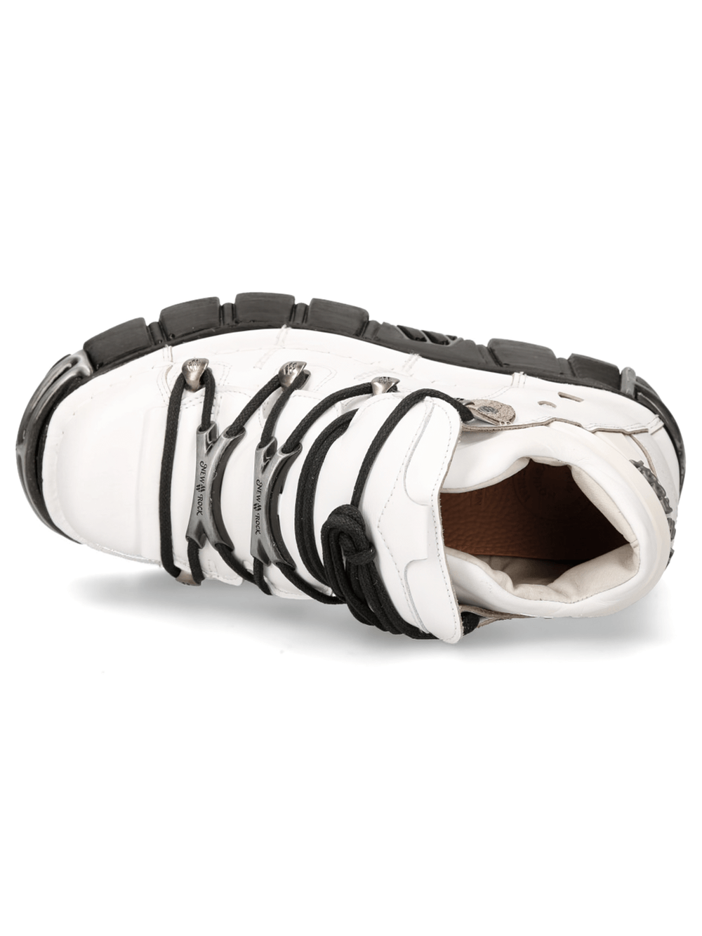 NEW ROCK Women's White Punk Rock Ankle Boots on Black Platform