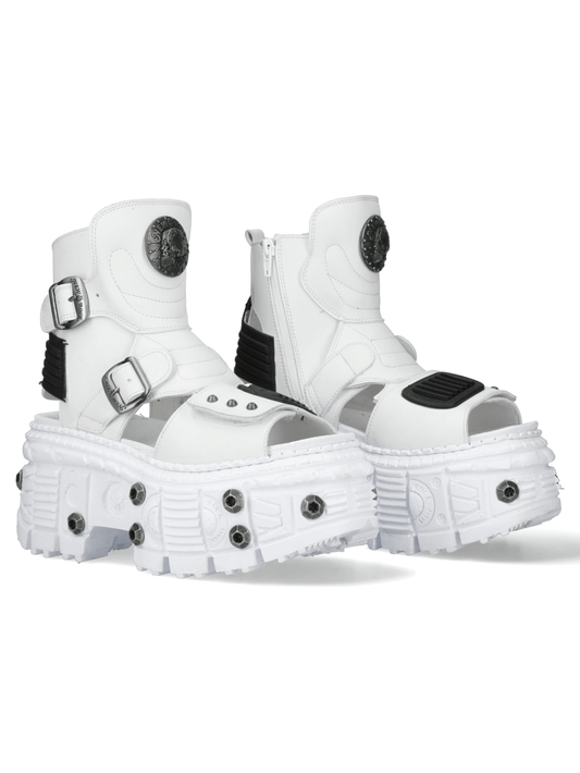 NEW ROCK Women's White Punk Zip-Up Open-Toes Boots with Buckles
