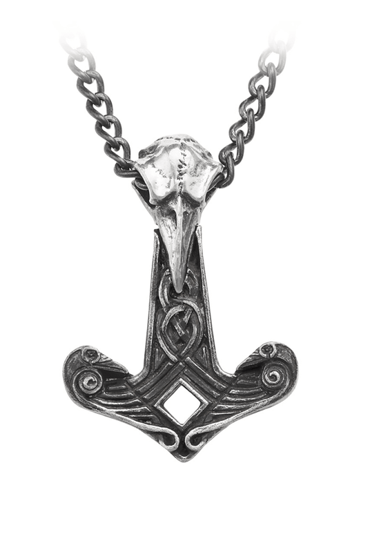 Norse Raven Skull and Thor's Hammer Gothic Pendant