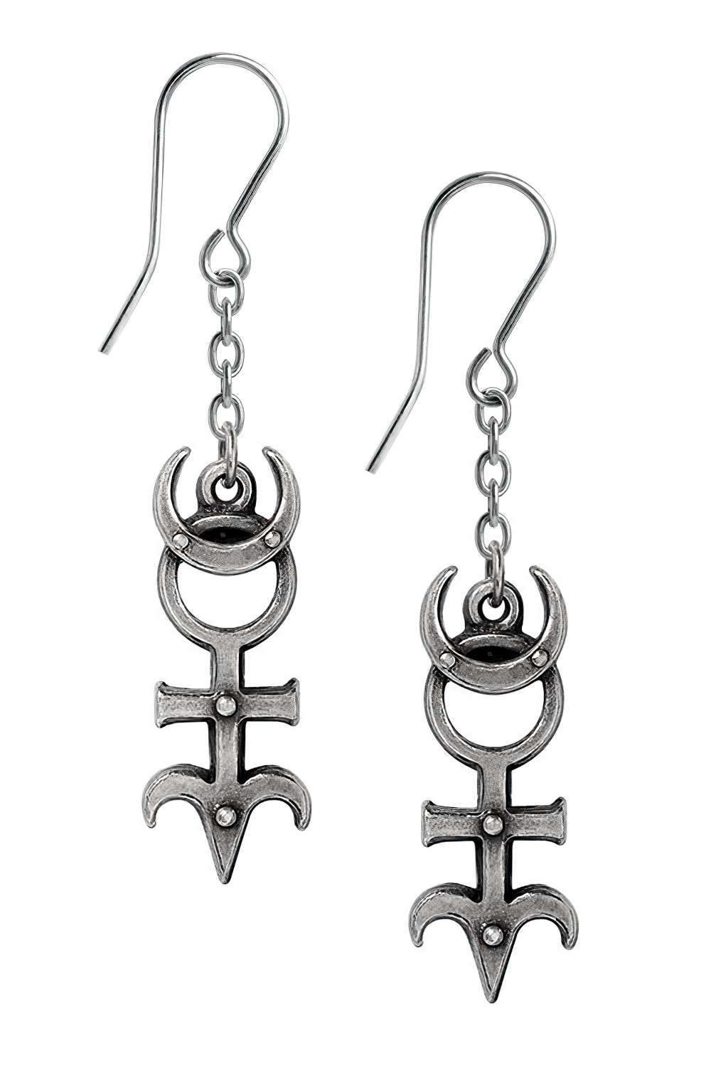 Occult Pewter Moon and Monad Symbol Drop Earrings