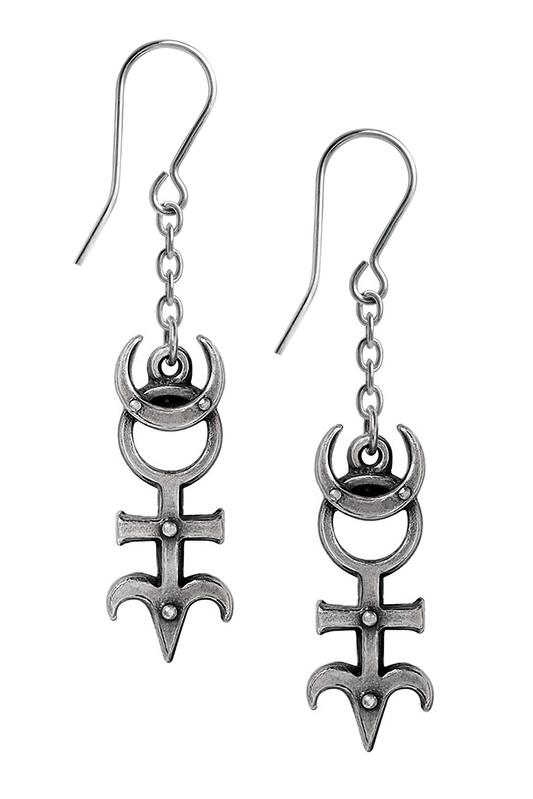 Occult Pewter Moon and Monad Symbol Drop Earrings