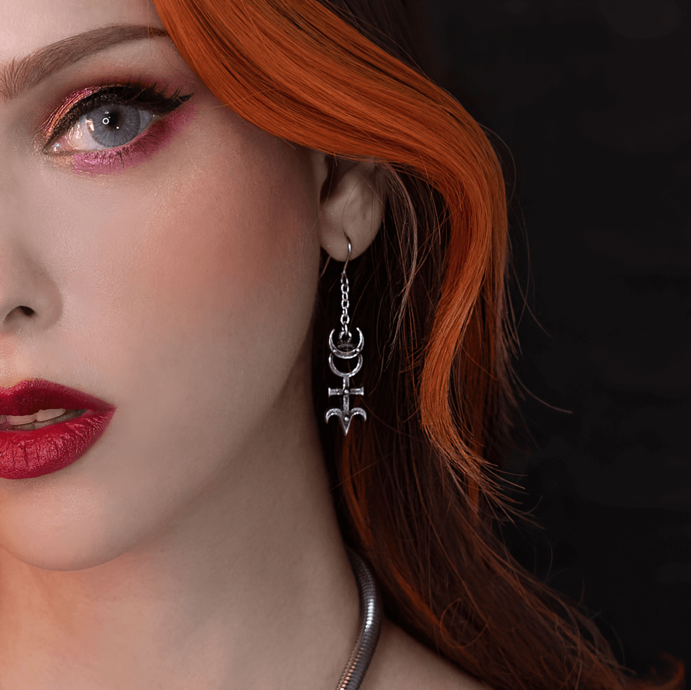 Occult Pewter Moon and Monad Symbol Drop Earrings