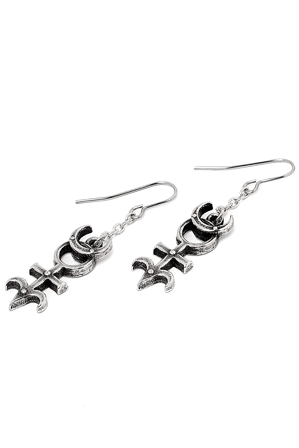 Occult Pewter Moon and Monad Symbol Drop Earrings