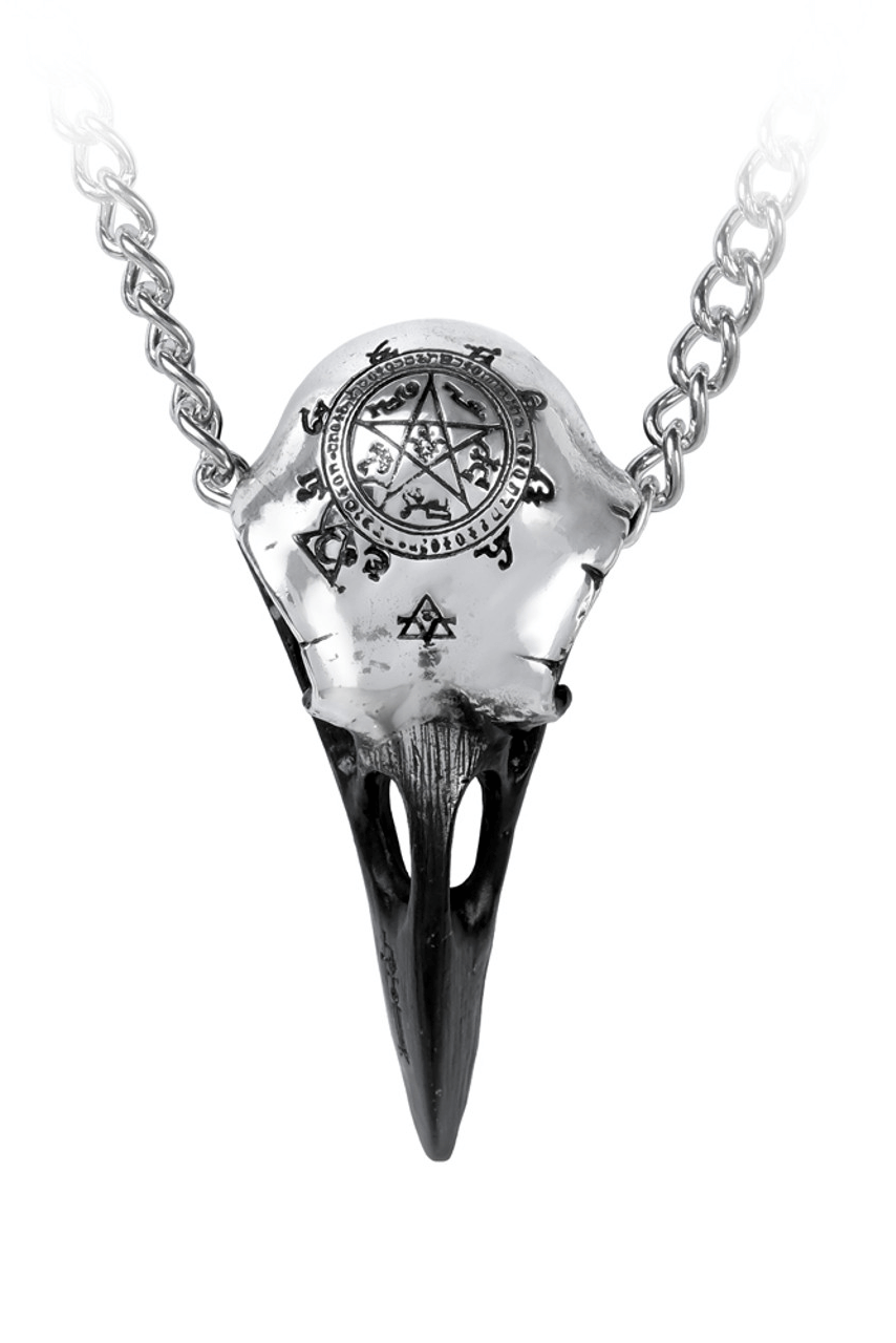 Occult Raven Skull Pendant with Sigil and Pewter Chain