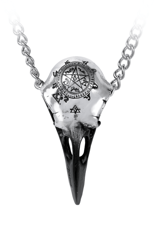Occult Raven Skull Pendant with Sigil and Pewter Chain