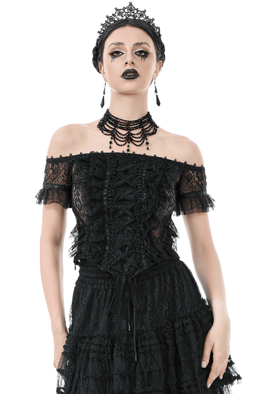 Off-Shoulder Lace-Trimmed Gothic Top with Ribbon Details