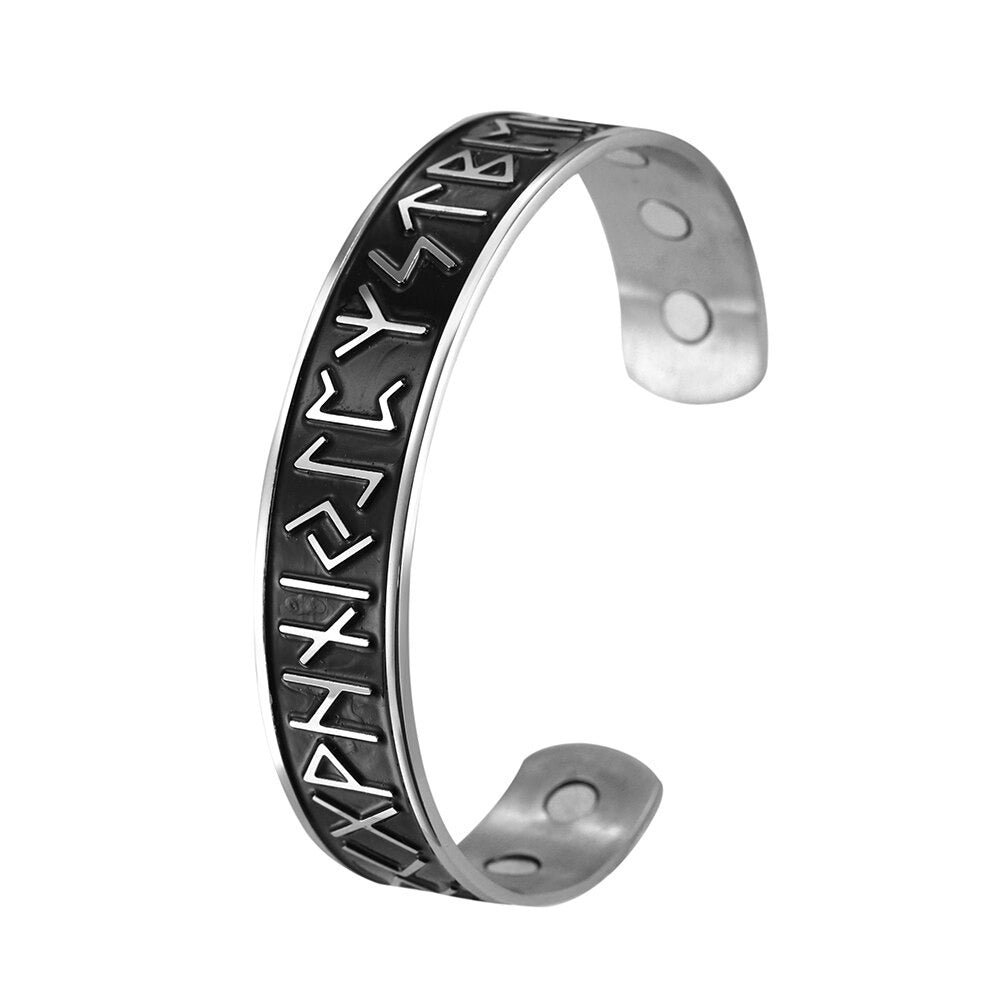 Open Cuff Magnetic Therapy Bracelet / Stainless Steel Unisex Bangle / Antique Nordic Rune Jewelry