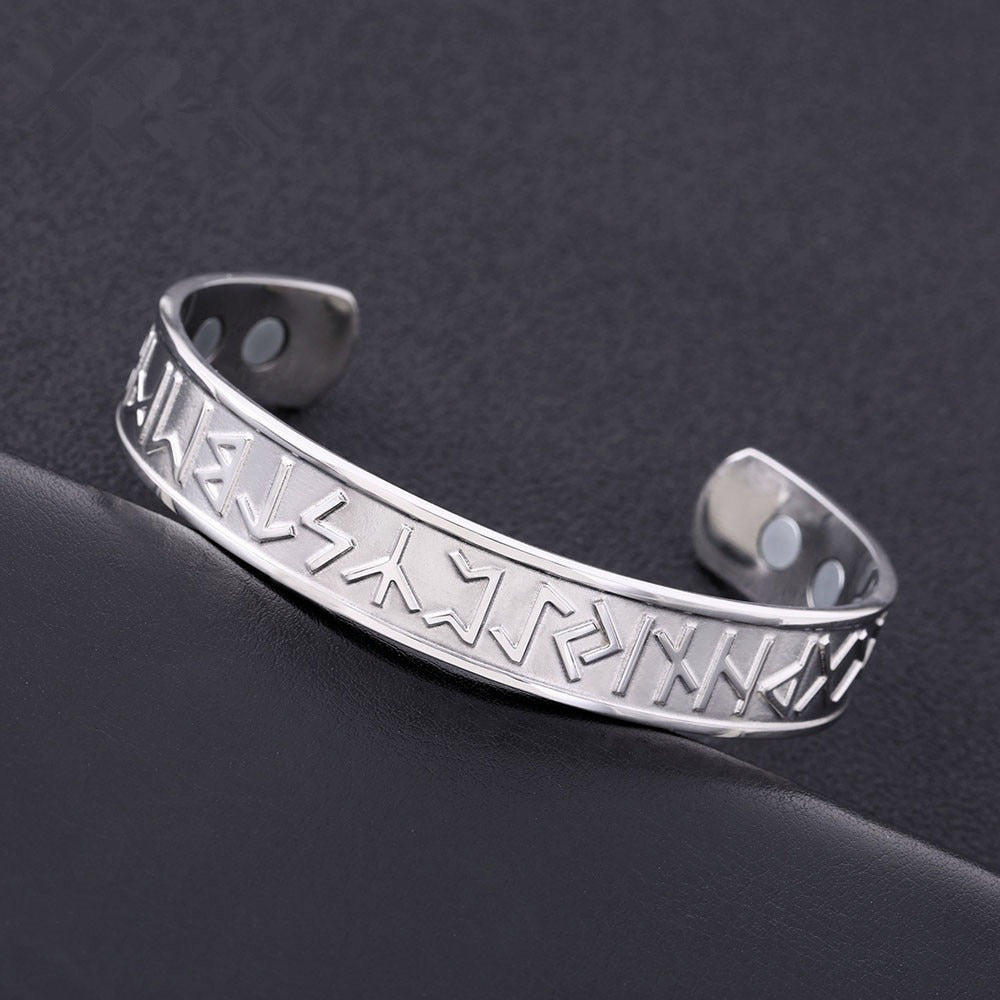 Open Cuff Magnetic Therapy Bracelet / Stainless Steel Unisex Bangle / Antique Nordic Rune Jewelry