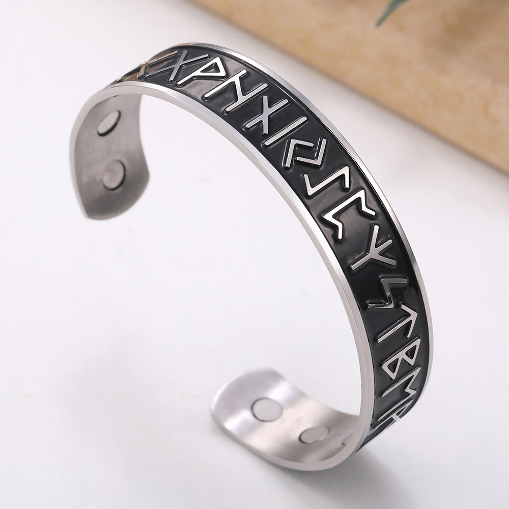 Open Cuff Magnetic Therapy Bracelet / Stainless Steel Unisex Bangle / Antique Nordic Rune Jewelry