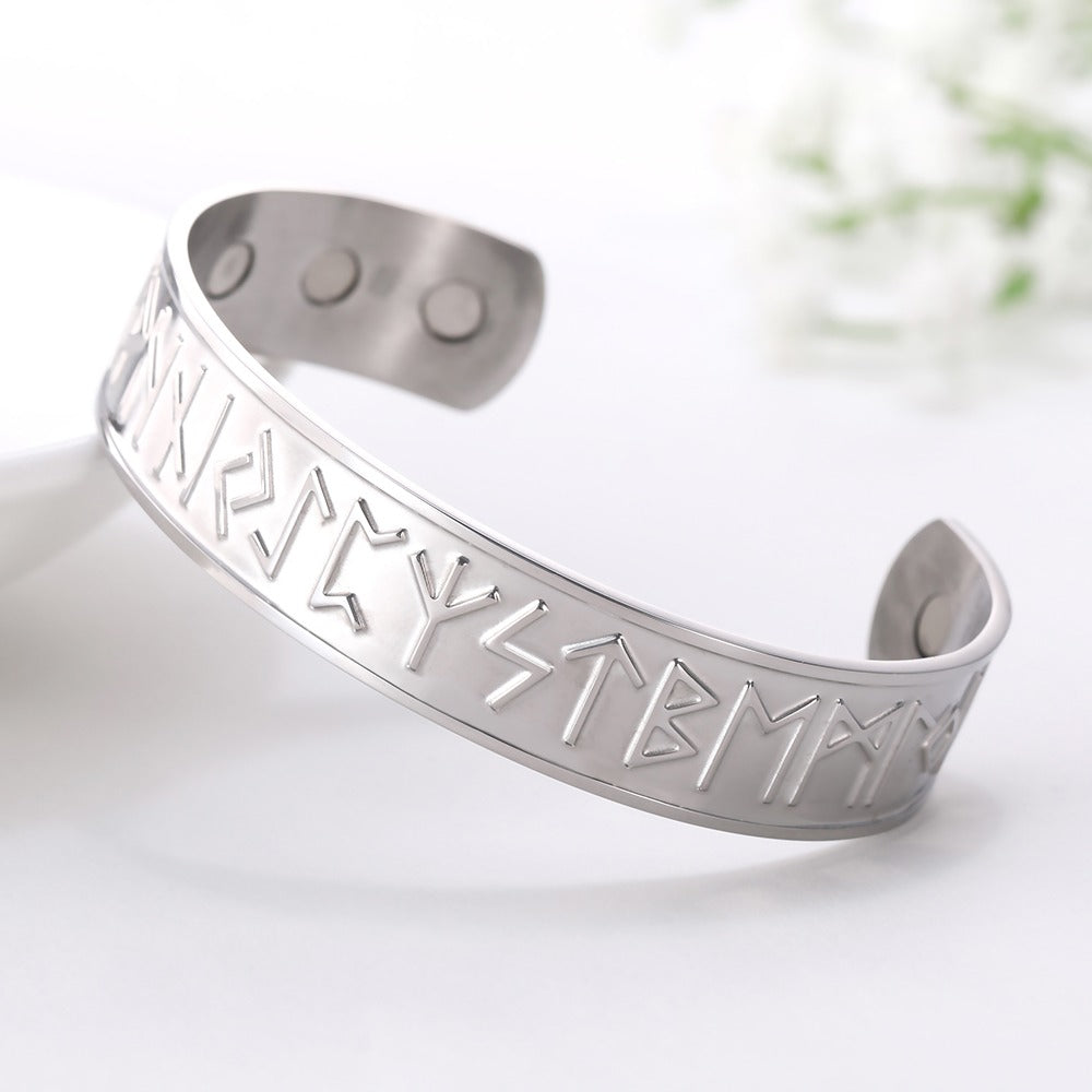 Open Cuff Magnetic Therapy Bracelet / Stainless Steel Unisex Bangle / Antique Nordic Rune Jewelry