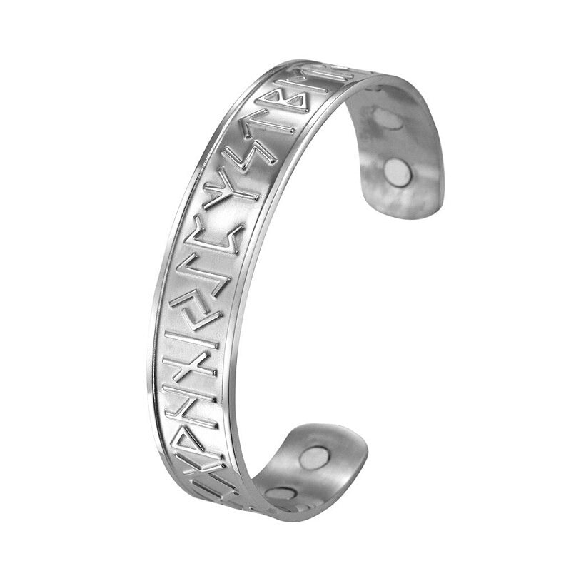 Open Cuff Magnetic Therapy Bracelet / Stainless Steel Unisex Bangle / Antique Nordic Rune Jewelry