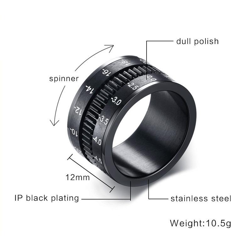 Stainless Steel Black Camera Lens Ring for Men & Women / Spinner Band Photographers Accessories