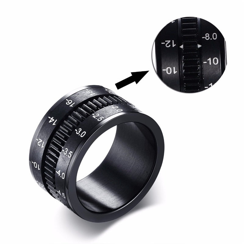Stainless Steel Black Camera Lens Ring for Men & Women / Spinner Band Photographers Accessories