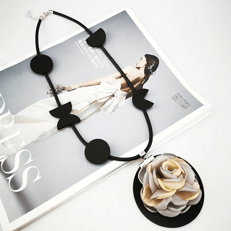 Original Boho Flower Pendant Necklace / Gothic Women's Accessories / Rubber Handmade Jewelry