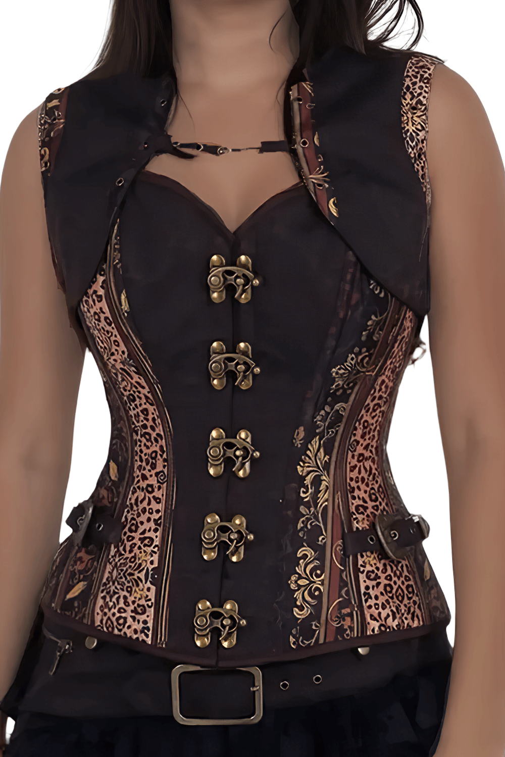 Ornate Brocade Overbust Corset with Antique Brass Buckles