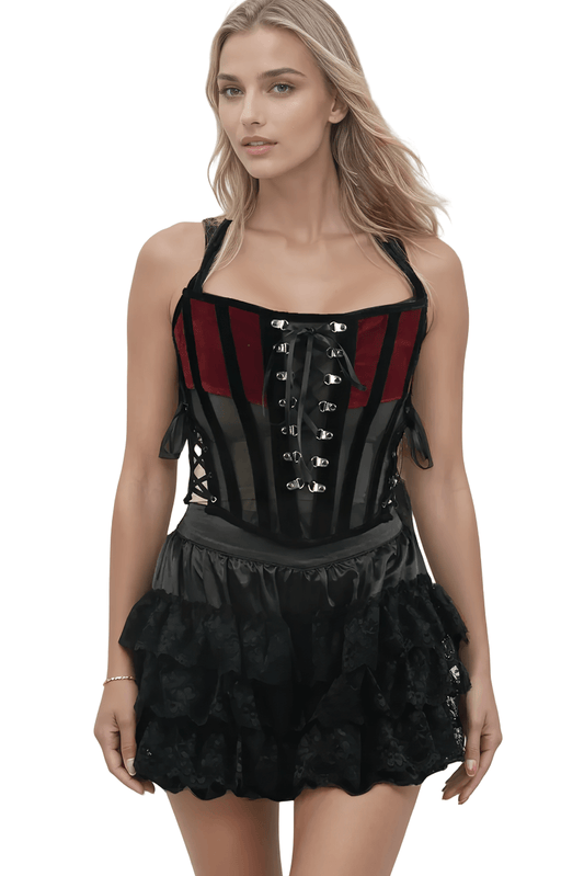 Overbust Corset with Lace-up Front and Velvet Panels