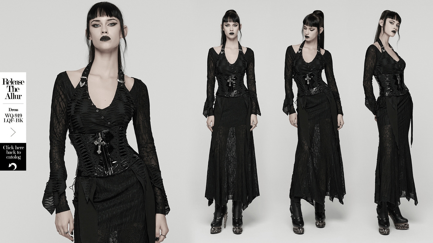 Patent Leather Corset Belt with Lace Trim and Pendant