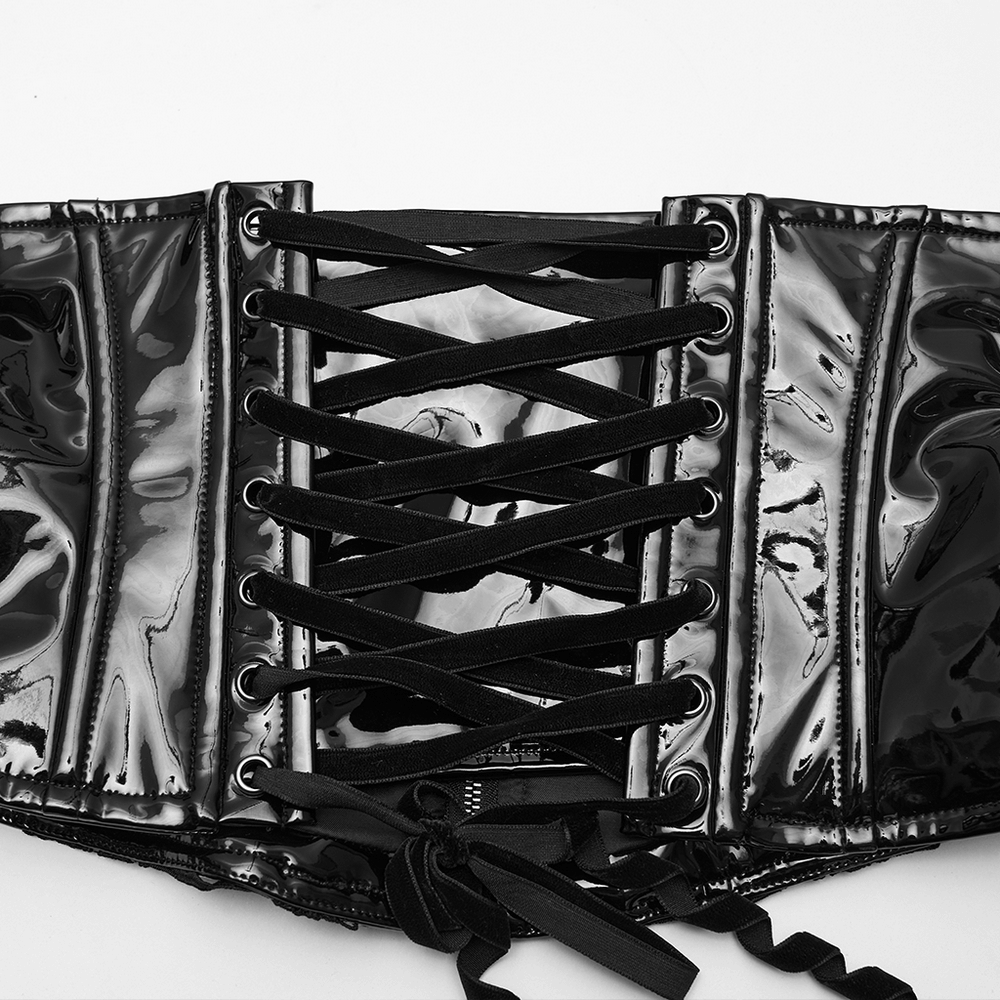 Patent Leather Corset Belt with Lace Trim and Pendant
