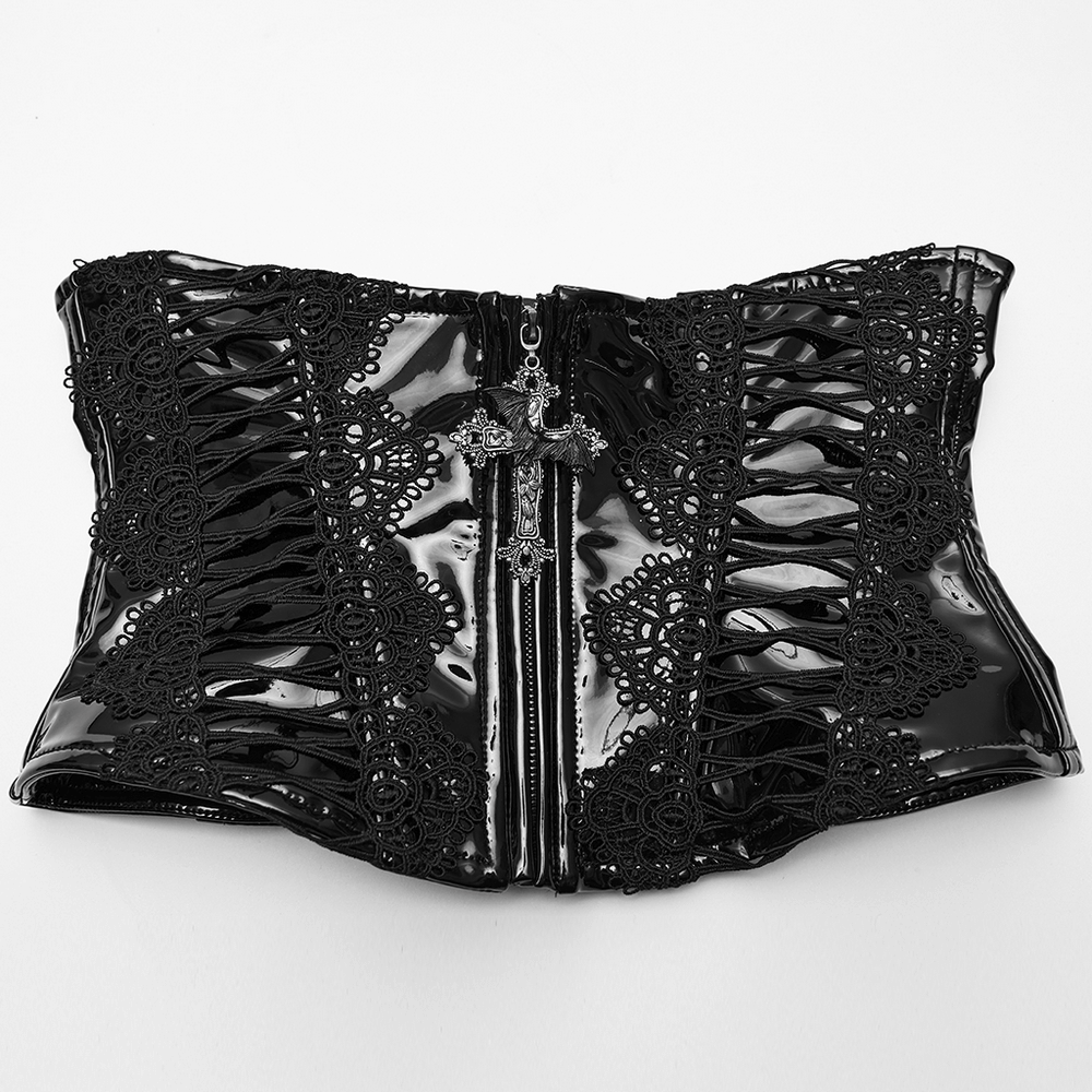 Patent Leather Corset Belt with Lace Trim and Pendant
