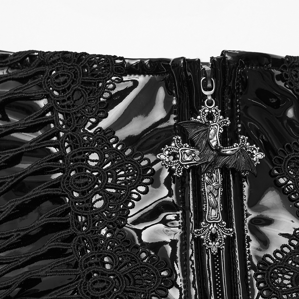 Patent Leather Corset Belt with Lace Trim and Pendant