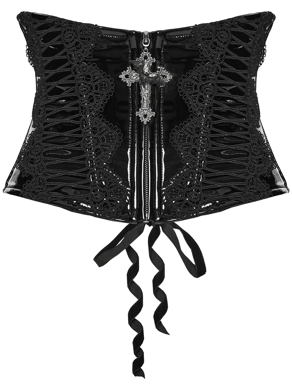 Patent Leather Corset Belt with Lace Trim and Pendant