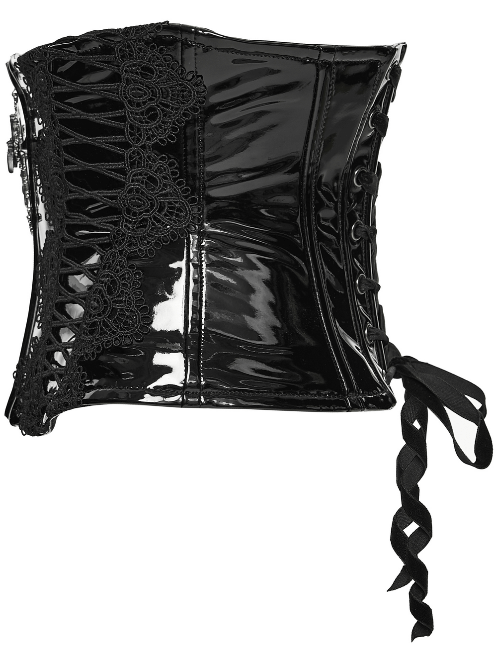 Patent Leather Corset Belt with Lace Trim and Pendant