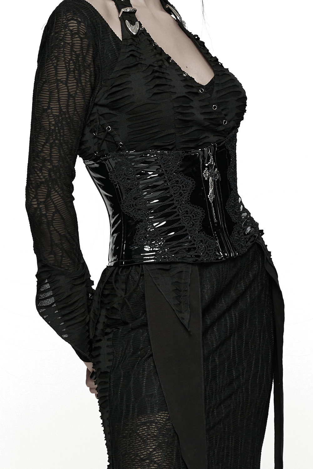 Patent Leather Corset Belt with Lace Trim and Pendant