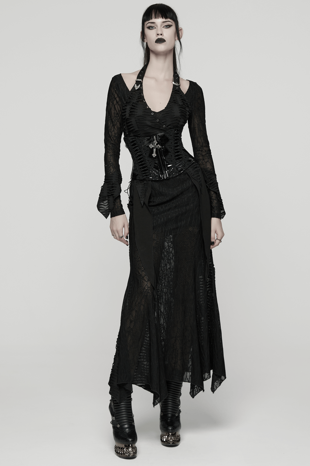 Patent Leather Corset Belt with Lace Trim and Pendant