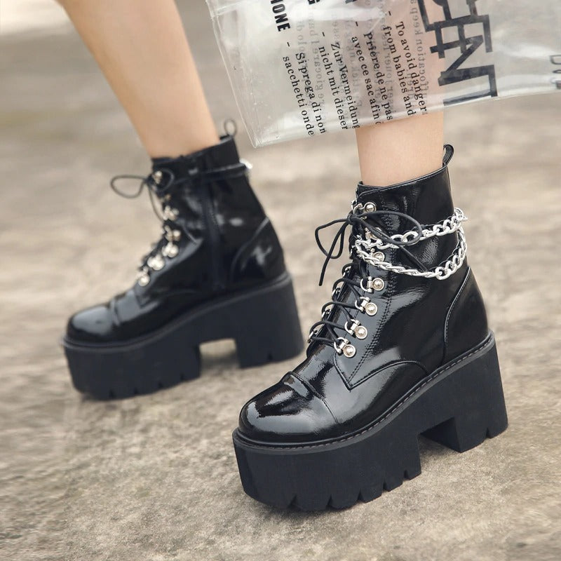 Patent Leather Gothic Women's Black Platform Boots / Female Ankle Zipper Boots With Double Chain