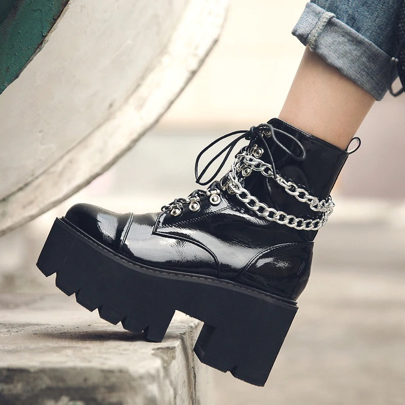 Patent Leather Gothic Women's Black Platform Boots / Female Ankle Zipper Boots With Double Chain