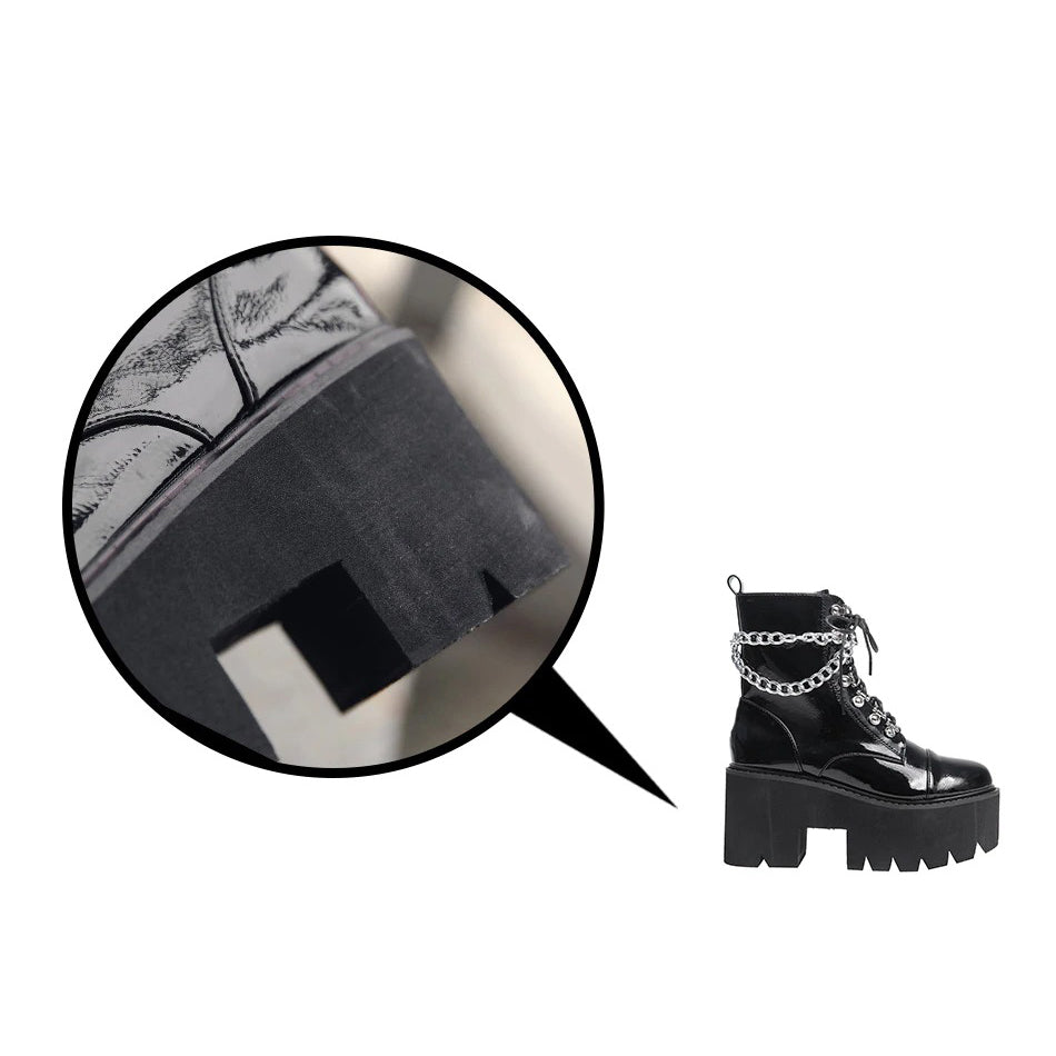 Patent Leather Gothic Women's Black Platform Boots / Female Ankle Zipper Boots With Double Chain