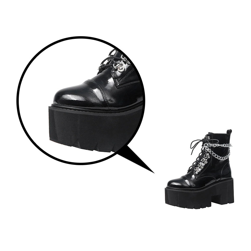 Patent Leather Gothic Women's Black Platform Boots / Female Ankle Zipper Boots With Double Chain