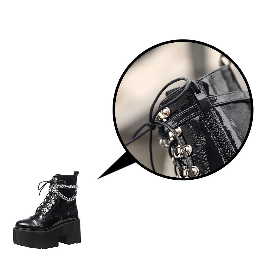 Patent Leather Gothic Women's Black Platform Boots / Female Ankle Zipper Boots With Double Chain