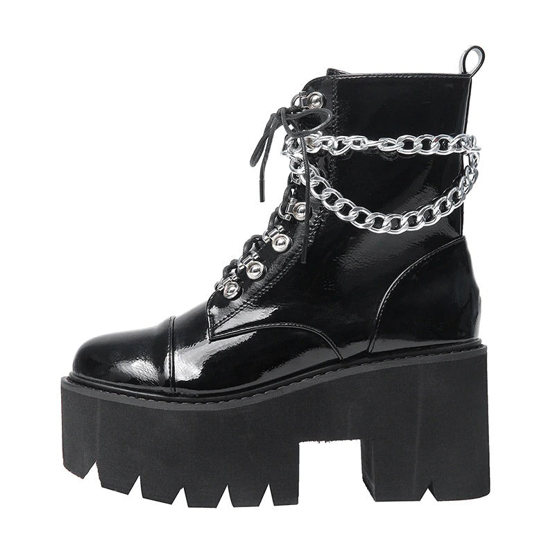 Patent Leather Gothic Women's Black Platform Boots / Female Ankle Zipper Boots With Double Chain