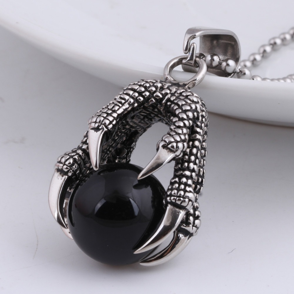Pendant With Big Black Stone Crystal / Stainless Steel Pendant Dragon's Claw for Man and Woman