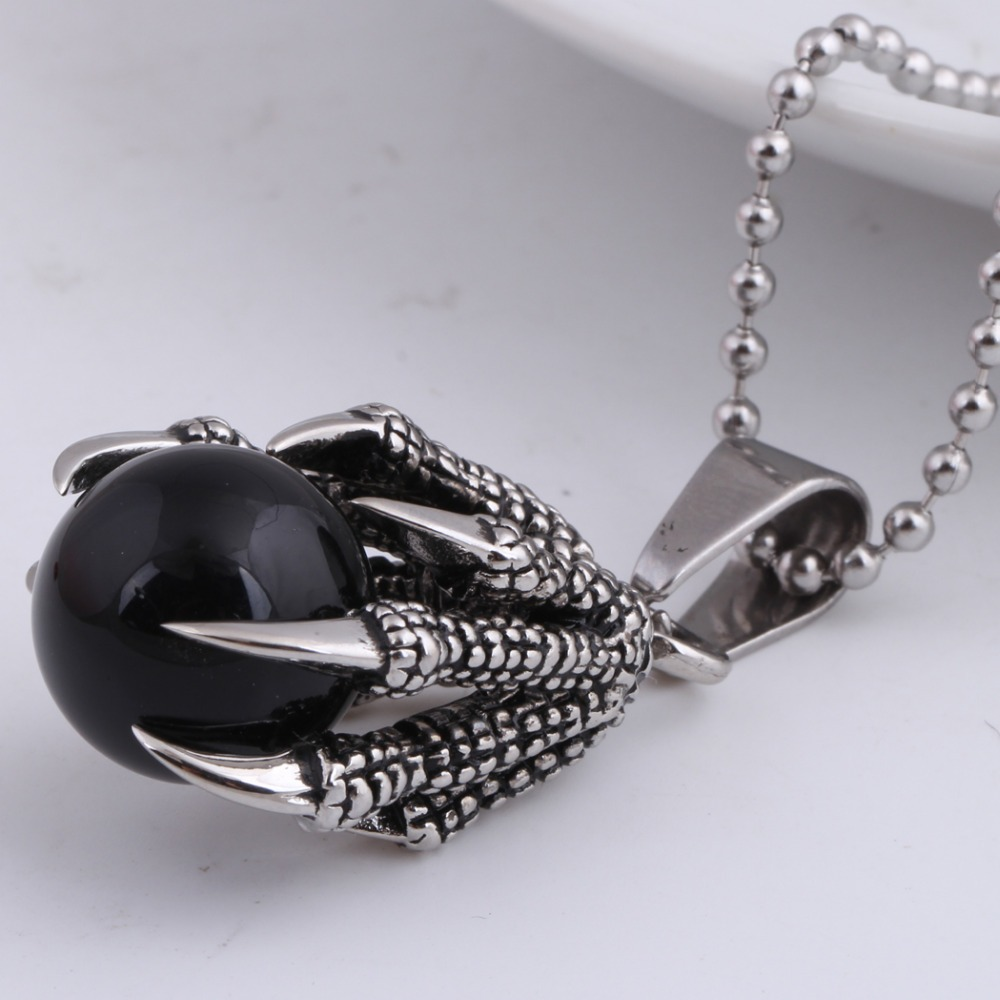 Pendant With Big Black Stone Crystal / Stainless Steel Pendant Dragon's Claw for Man and Woman